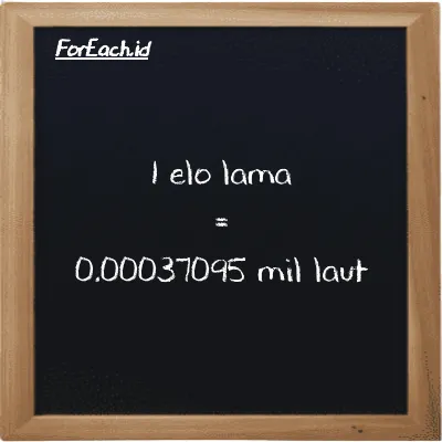 1 elo lama setara dengan 0.00037095 mil laut (1 el la setara dengan 0.00037095 nmi)