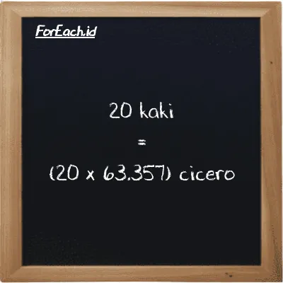 Cara konversi kaki ke cicero (ft ke ccr): 20 kaki (ft) setara dengan 20 dikalikan dengan 63.357 cicero (ccr)