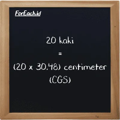 Cara konversi kaki ke centimeter (ft ke cm): 20 kaki (ft) setara dengan 20 dikalikan dengan 30.48 centimeter (cm)