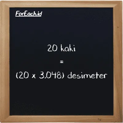 Cara konversi kaki ke desimeter (ft ke dm): 20 kaki (ft) setara dengan 20 dikalikan dengan 3.048 desimeter (dm)