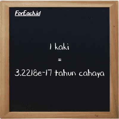1 kaki setara dengan 3.2218e-17 tahun cahaya (1 ft setara dengan 3.2218e-17 ly)