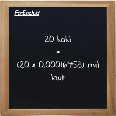 Cara konversi kaki ke mil laut (ft ke nmi): 20 kaki (ft) setara dengan 20 dikalikan dengan 0.00016458 mil laut (nmi)
