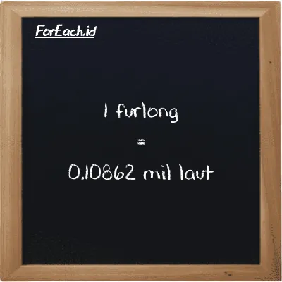 1 furlong setara dengan 0.10862 mil laut (1 fur setara dengan 0.10862 nmi)