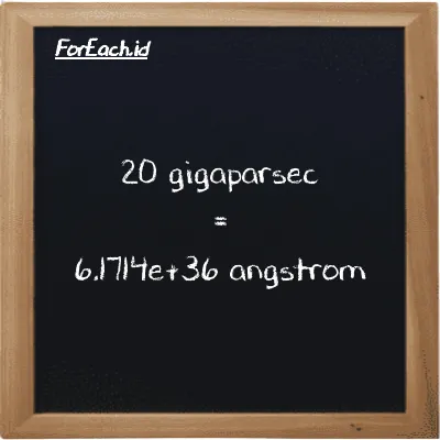 20 gigaparsec setara dengan 6.1714e+36 angstrom (20 Gpc setara dengan 6.1714e+36 Å)