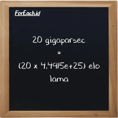 Cara konversi gigaparsec ke elo lama (Gpc ke el la): 20 gigaparsec (Gpc) setara dengan 20 dikalikan dengan 4.4915e+25 elo lama (el la)