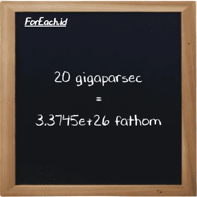 20 gigaparsec setara dengan 3.3745e+26 fathom (20 Gpc setara dengan 3.3745e+26 ft)