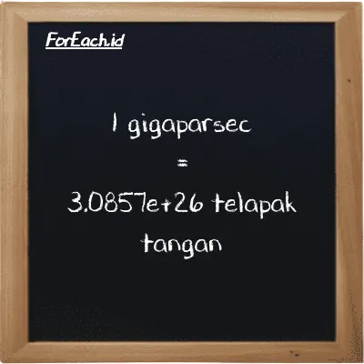 1 gigaparsec setara dengan 3.0857e+26 telapak tangan (1 Gpc setara dengan 3.0857e+26 h)