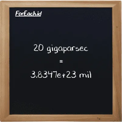 20 gigaparsec setara dengan 3.8347e+23 mil (20 Gpc setara dengan 3.8347e+23 mi)