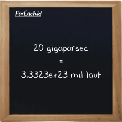 Cara konversi gigaparsec ke mil laut (Gpc ke nmi): 20 gigaparsec (Gpc) setara dengan 20 dikalikan dengan 1.6661e+22 mil laut (nmi)