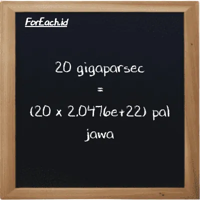 Cara konversi gigaparsec ke pal jawa (Gpc ke pj): 20 gigaparsec (Gpc) setara dengan 20 dikalikan dengan 2.0476e+22 pal jawa (pj)
