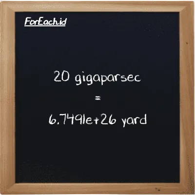 20 gigaparsec setara dengan 6.7491e+26 yard (20 Gpc setara dengan 6.7491e+26 yd)