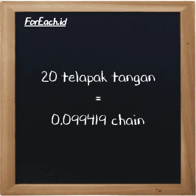 20 telapak tangan setara dengan 0.099419 chain (20 h setara dengan 0.099419 ch)