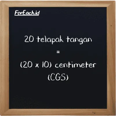 Cara konversi telapak tangan ke centimeter (h ke cm): 20 telapak tangan (h) setara dengan 20 dikalikan dengan 10 centimeter (cm)