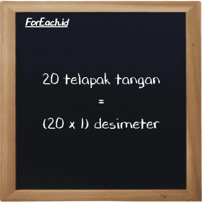 Cara konversi telapak tangan ke desimeter (h ke dm): 20 telapak tangan (h) setara dengan 20 dikalikan dengan 1 desimeter (dm)