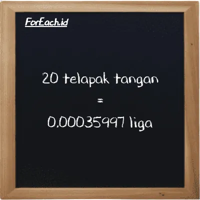 20 telapak tangan setara dengan 0.00035997 liga (20 h setara dengan 0.00035997 lg)
