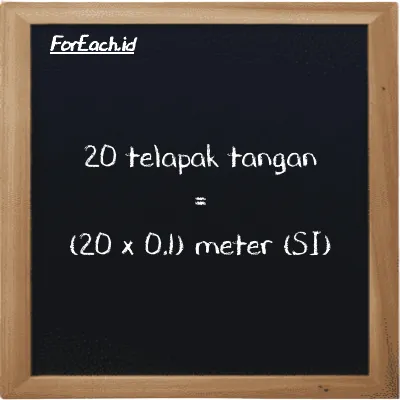 Cara konversi telapak tangan ke meter (h ke m): 20 telapak tangan (h) setara dengan 20 dikalikan dengan 0.1 meter (m)