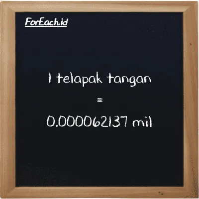 1 telapak tangan setara dengan 0.000062137 mil (1 h setara dengan 0.000062137 mi)