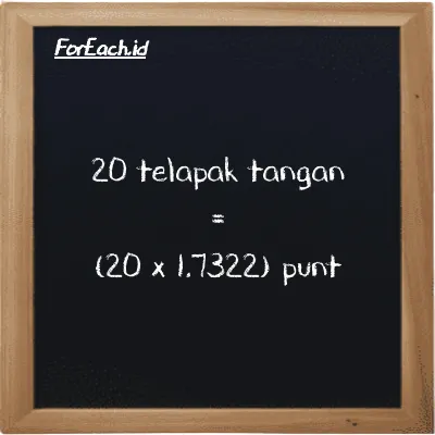 Cara konversi telapak tangan ke punt (h ke pnt): 20 telapak tangan (h) setara dengan 20 dikalikan dengan 1.7322 punt (pnt)