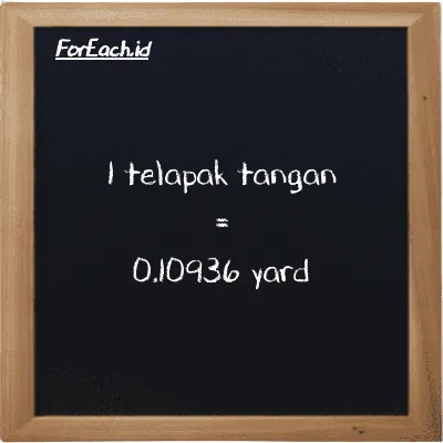 1 telapak tangan setara dengan 0.10936 yard (1 h setara dengan 0.10936 yd)