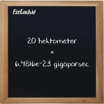 20 hektometer setara dengan 6.4816e-23 gigaparsec (20 hm setara dengan 6.4816e-23 Gpc)