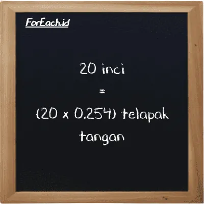 Cara konversi inci ke telapak tangan (in ke h): 20 inci (in) setara dengan 20 dikalikan dengan 0.254 telapak tangan (h)