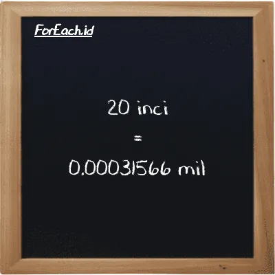 20 inci setara dengan 0.00031566 mil (20 in setara dengan 0.00031566 mi)