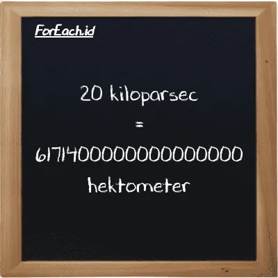 20 kiloparsec setara dengan 6171400000000000000 hektometer (20 kpc setara dengan 6171400000000000000 hm)