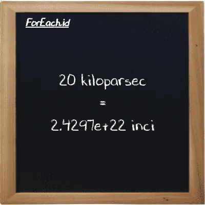 20 kiloparsec setara dengan 2.4297e+22 inci (20 kpc setara dengan 2.4297e+22 in)