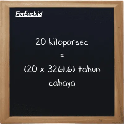 Cara konversi kiloparsec ke tahun cahaya (kpc ke ly): 20 kiloparsec (kpc) setara dengan 20 dikalikan dengan 3261.6 tahun cahaya (ly)