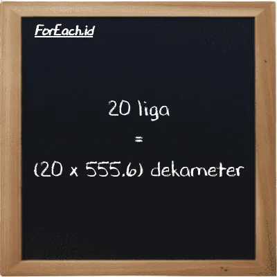 Cara konversi liga ke dekameter (lg ke dam): 20 liga (lg) setara dengan 20 dikalikan dengan 555.6 dekameter (dam)
