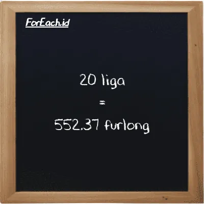20 liga setara dengan 552.37 furlong (20 lg setara dengan 552.37 fur)