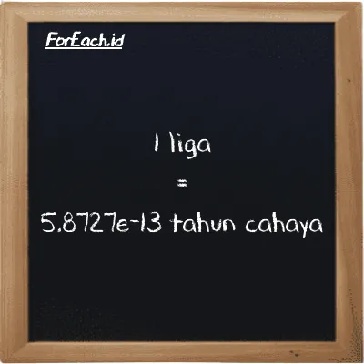 1 liga setara dengan 5.8727e-13 tahun cahaya (1 lg setara dengan 5.8727e-13 ly)