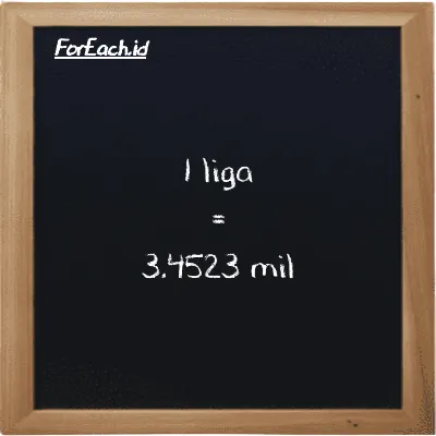 1 liga setara dengan 3.4523 mil (1 lg setara dengan 3.4523 mi)
