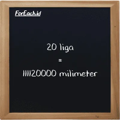 20 liga setara dengan 111120000 milimeter (20 lg setara dengan 111120000 mm)