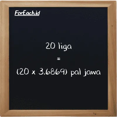 Cara konversi liga ke pal jawa (lg ke pj): 20 liga (lg) setara dengan 20 dikalikan dengan 3.6869 pal jawa (pj)