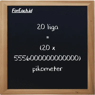 Cara konversi liga ke pikometer (lg ke pm): 20 liga (lg) setara dengan 20 dikalikan dengan 5556000000000000 pikometer (pm)