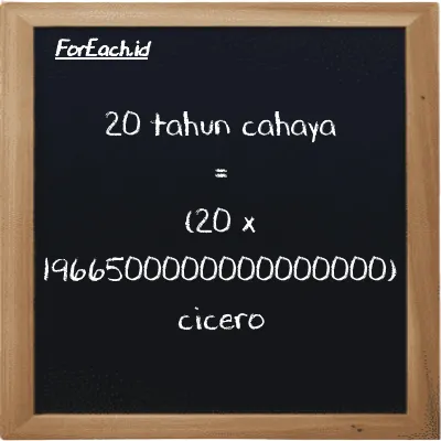 Cara konversi tahun cahaya ke cicero (ly ke ccr): 20 tahun cahaya (ly) setara dengan 20 dikalikan dengan 1966500000000000000 cicero (ccr)