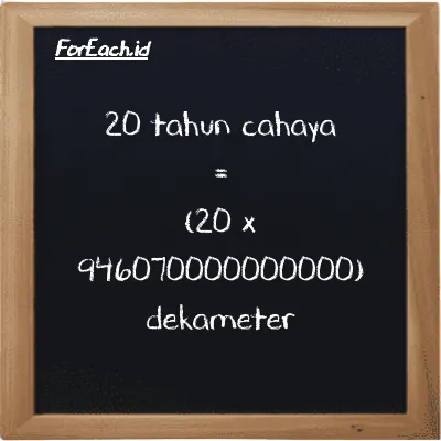 Cara konversi tahun cahaya ke dekameter (ly ke dam): 20 tahun cahaya (ly) setara dengan 20 dikalikan dengan 946070000000000 dekameter (dam)