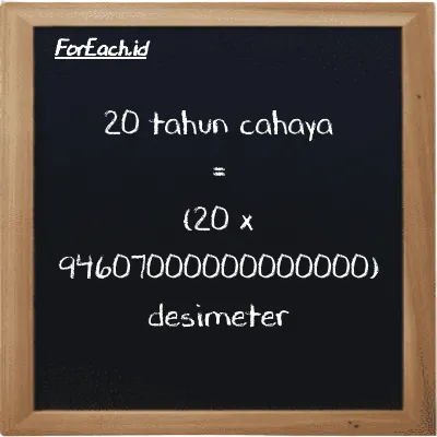 Cara konversi tahun cahaya ke desimeter (ly ke dm): 20 tahun cahaya (ly) setara dengan 20 dikalikan dengan 94607000000000000 desimeter (dm)