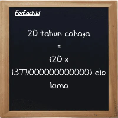 Cara konversi tahun cahaya ke elo lama (ly ke el la): 20 tahun cahaya (ly) setara dengan 20 dikalikan dengan 13771000000000000 elo lama (el la)