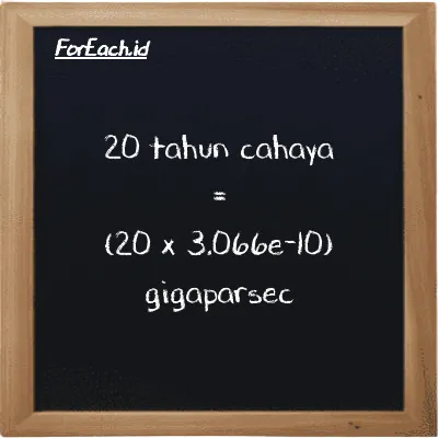Cara konversi tahun cahaya ke gigaparsec (ly ke Gpc): 20 tahun cahaya (ly) setara dengan 20 dikalikan dengan 3.066e-10 gigaparsec (Gpc)