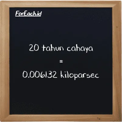 20 tahun cahaya setara dengan 0.006132 kiloparsec (20 ly setara dengan 0.006132 kpc)