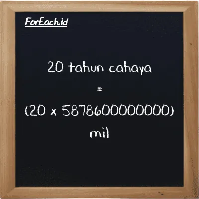 Cara konversi tahun cahaya ke mil (ly ke mi): 20 tahun cahaya (ly) setara dengan 20 dikalikan dengan 5878600000000 mil (mi)