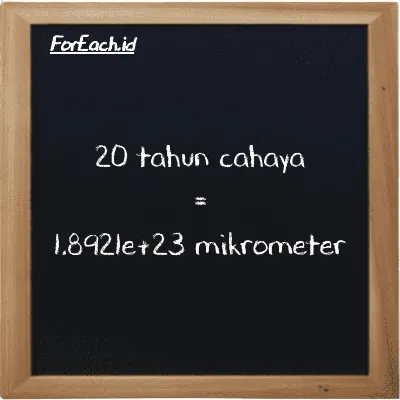 20 tahun cahaya setara dengan 1.8921e+23 mikrometer (20 ly setara dengan 1.8921e+23 µm)
