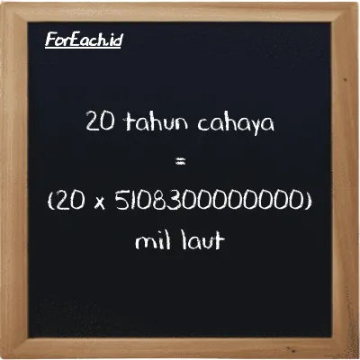 Cara konversi tahun cahaya ke mil laut (ly ke nmi): 20 tahun cahaya (ly) setara dengan 20 dikalikan dengan 5108300000000 mil laut (nmi)