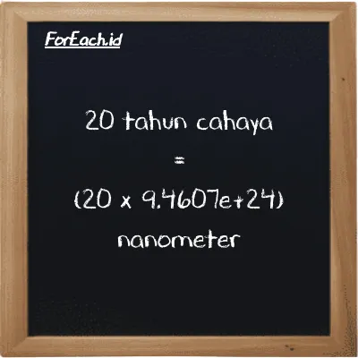 Cara konversi tahun cahaya ke nanometer (ly ke nm): 20 tahun cahaya (ly) setara dengan 20 dikalikan dengan 9.4607e+24 nanometer (nm)