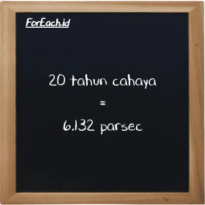 20 tahun cahaya setara dengan 6.132 parsec (20 ly setara dengan 6.132 pc)