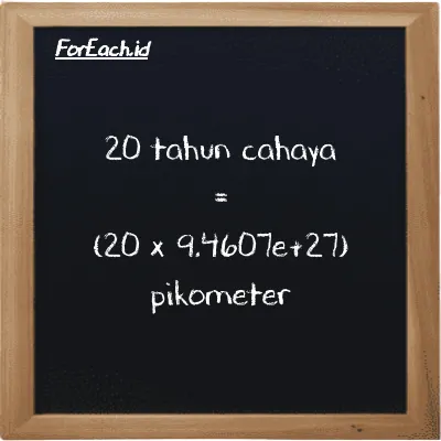 Cara konversi tahun cahaya ke pikometer (ly ke pm): 20 tahun cahaya (ly) setara dengan 20 dikalikan dengan 9.4607e+27 pikometer (pm)