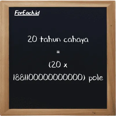 Cara konversi tahun cahaya ke pole (ly ke pl): 20 tahun cahaya (ly) setara dengan 20 dikalikan dengan 1881100000000000 pole (pl)
