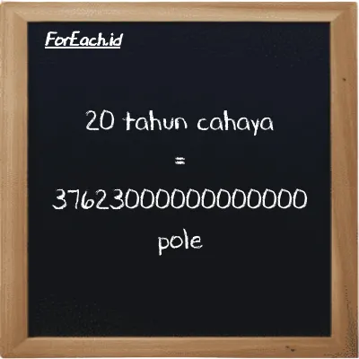 20 tahun cahaya setara dengan 37623000000000000 pole (20 ly setara dengan 37623000000000000 pl)